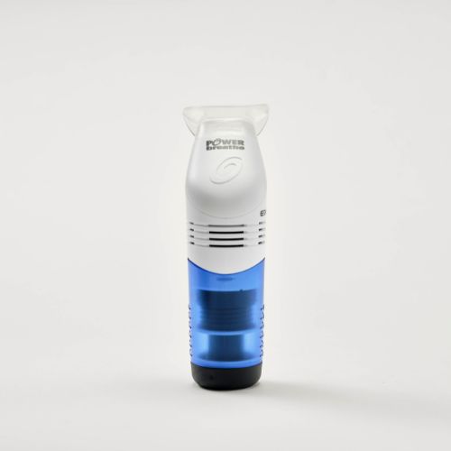 Handheld breathing training device with mouthpiece and transparent resistance chamber.