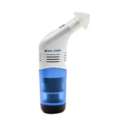 Portable breathing training device showing adjustable resistance chamber and mouthpiece.