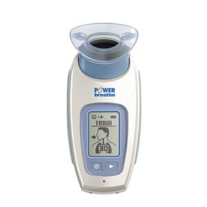 Handheld digital breathing training device showing a training mode display and mouthpiece.
