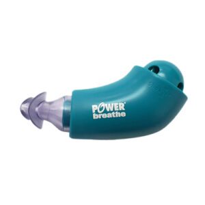 Portable breathing training device featuring a contoured body and mouthpiece.